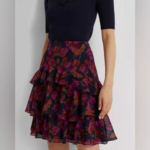NWT LAUREN Ralph Lauren Floral Crinkle Georgette Tiered Skirt Blue Multi Size 12